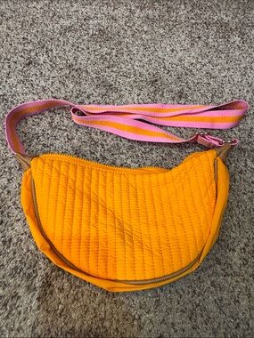 Shiraleah Orange Quilted Crossbody with Pink-Striped Strap